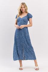 Blue Printed Button Accent Puff Sleeve Maternity Midi Dress