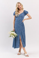Blue Printed Button Accent Puff Sleeve Maternity Midi Dress