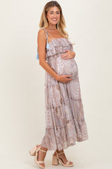 Beige Paisley Ruffle Tiered Shoulder Tie Maternity Maxi Dress