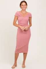 Pink Off Shoulder Fitted Midi Dress