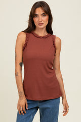 Dark Rust Rib Knit Ruffle Trim Sleeveless Maternity Top