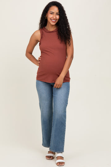 Dark Rust Rib Knit Ruffle Trim Sleeveless Maternity Top