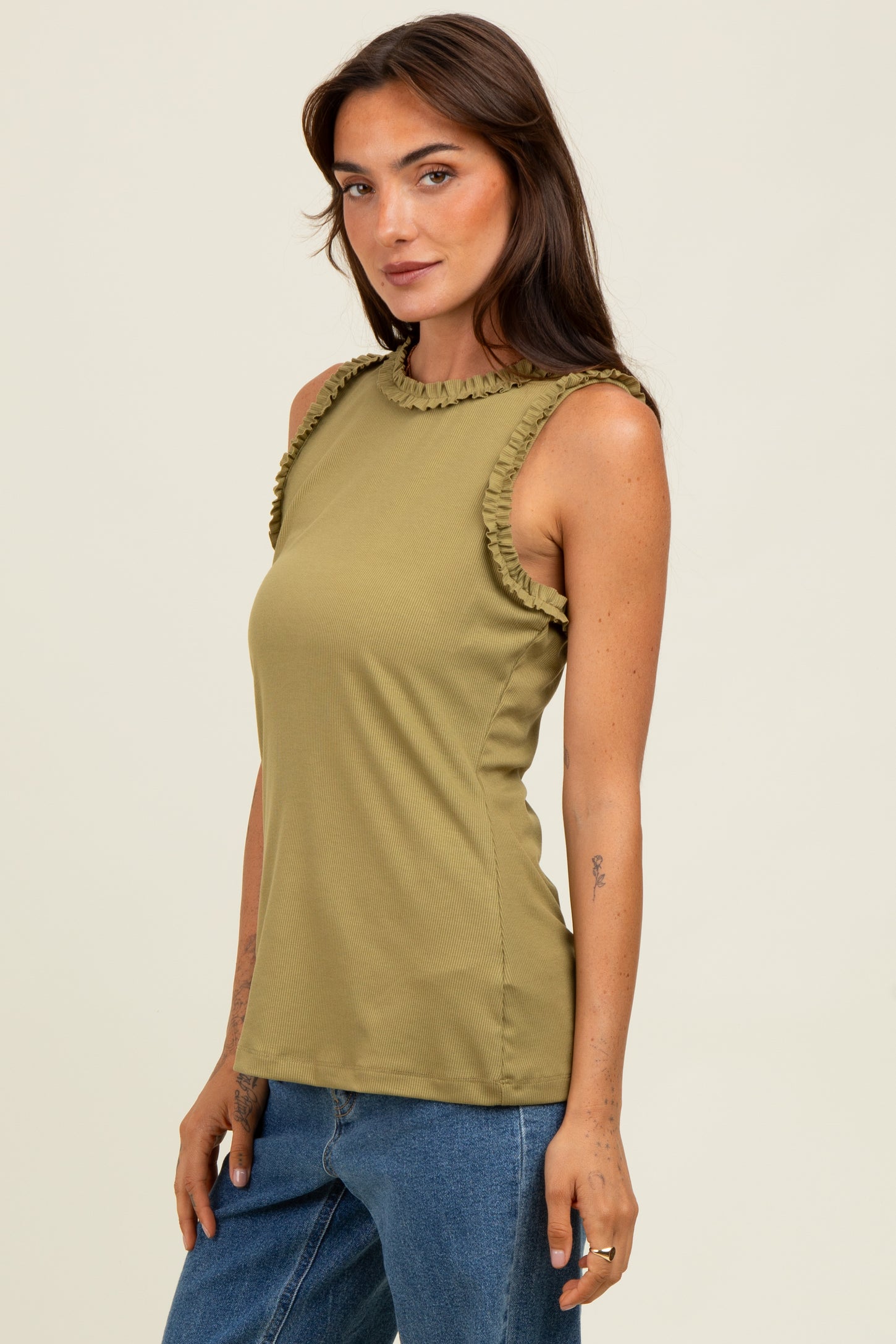 Light Olive Rib Knit Ruffle Trim Sleeveless Top