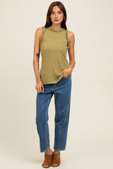 Light Olive Rib Knit Ruffle Trim Sleeveless Top