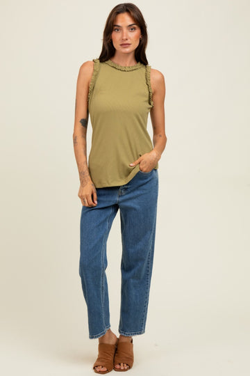 Light Olive Rib Knit Ruffle Trim Sleeveless Top