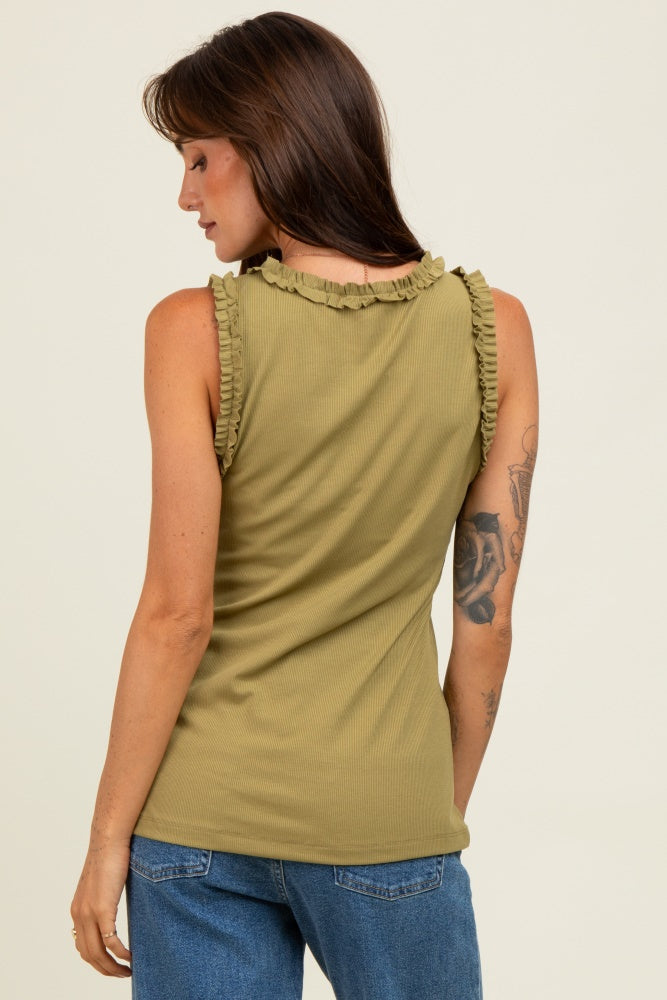 Light Olive Rib Knit Ruffle Trim Sleeveless Top