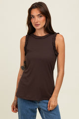 Brown Rib Knit Ruffle Trim Sleeveless Top