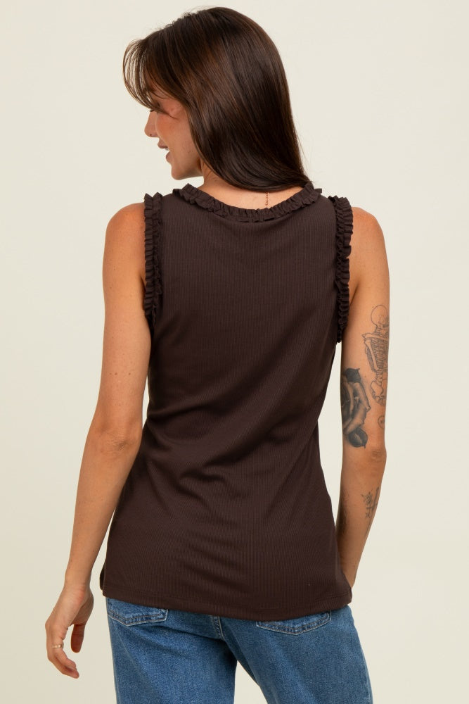 Brown Rib Knit Ruffle Trim Sleeveless Top