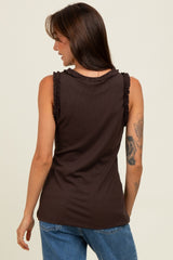 Brown Rib Knit Ruffle Trim Sleeveless Top