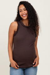 Brown Rib Knit Ruffle Trim Sleeveless Maternity Top