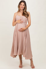 Mocha Pleated Sash Tie Maternity Midi Dress
