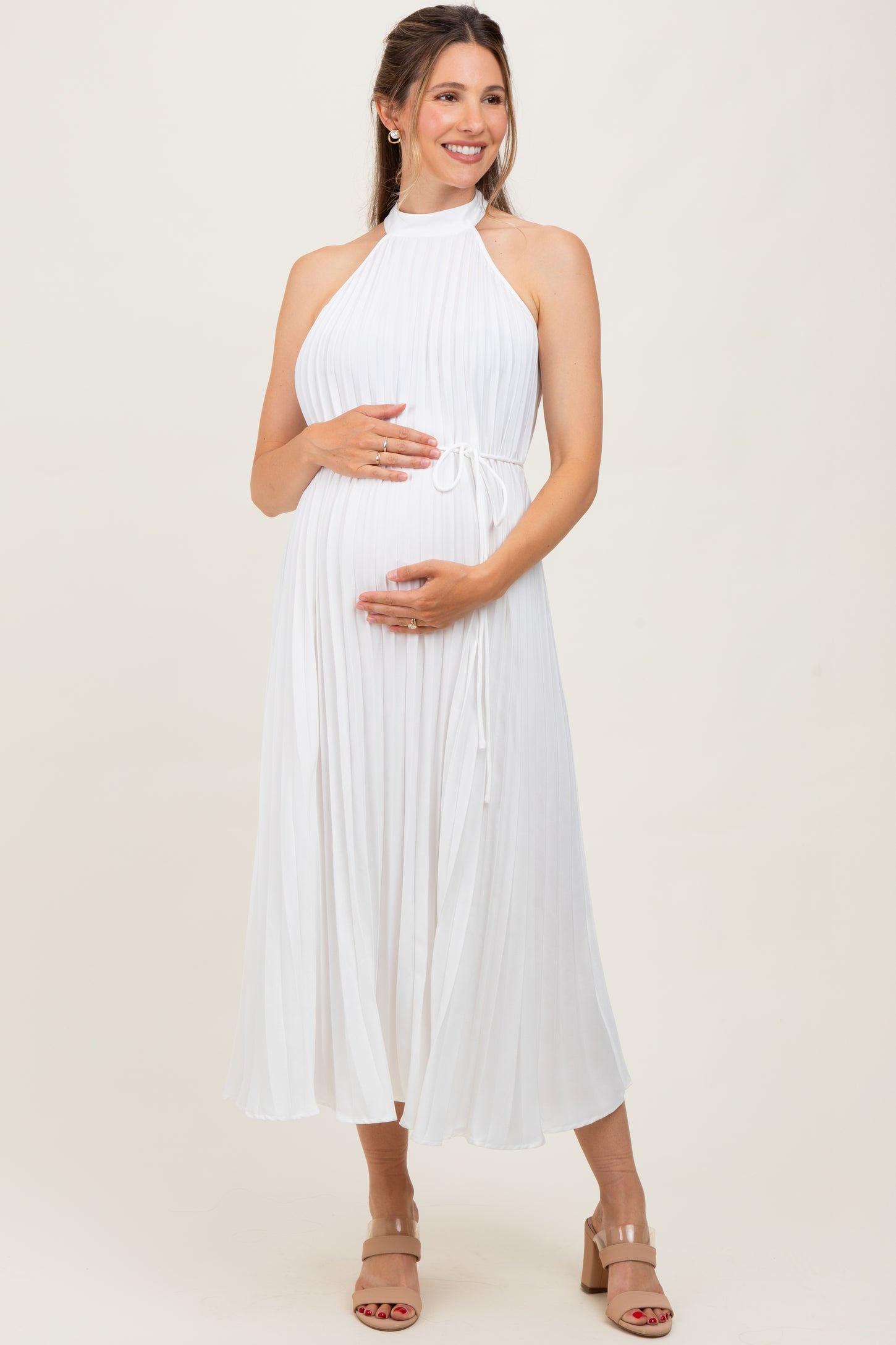 white halter maternity dress White Pleated Maternity Halter Dress
