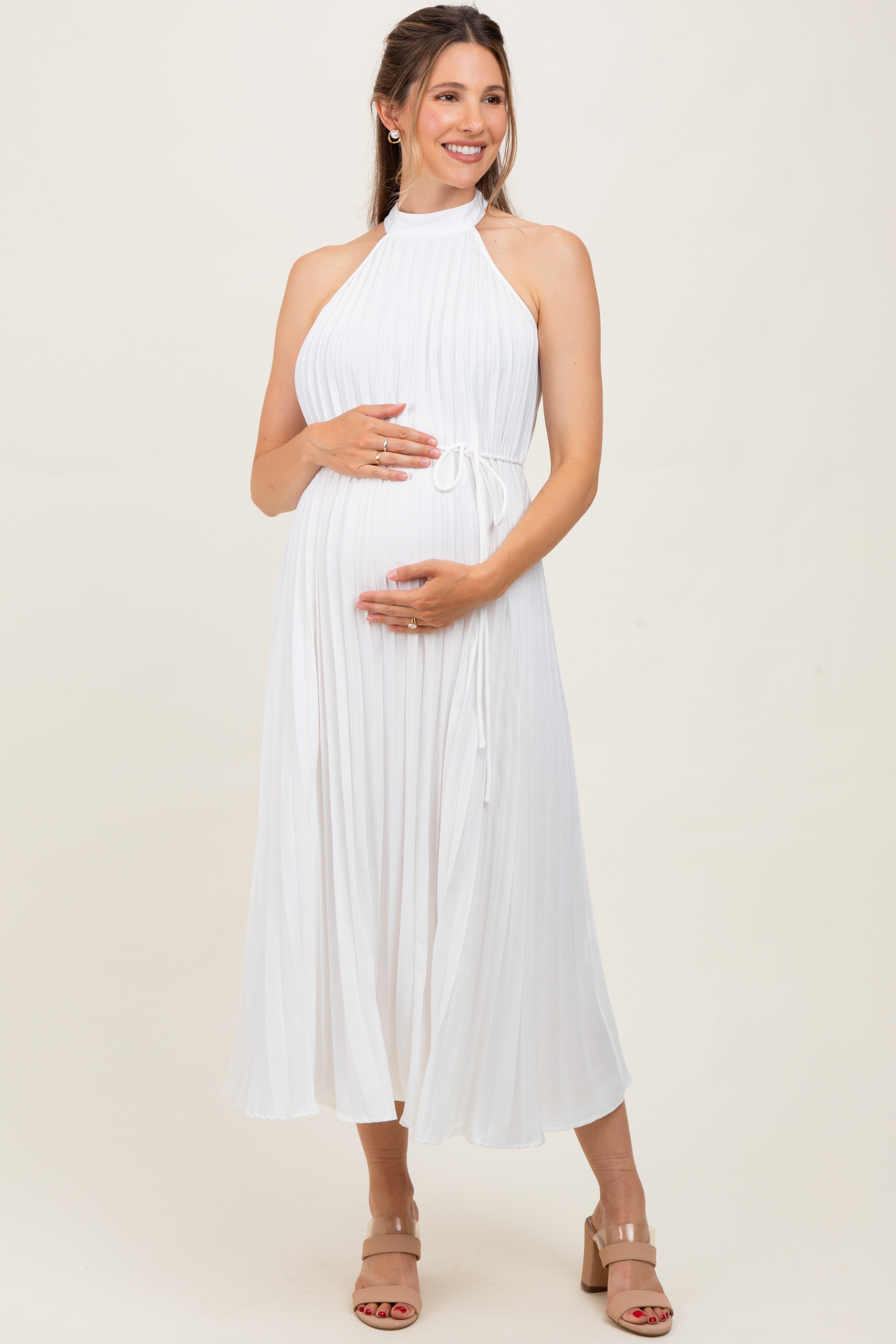 strapless open back dress White Pleated Maternity Halter Dress