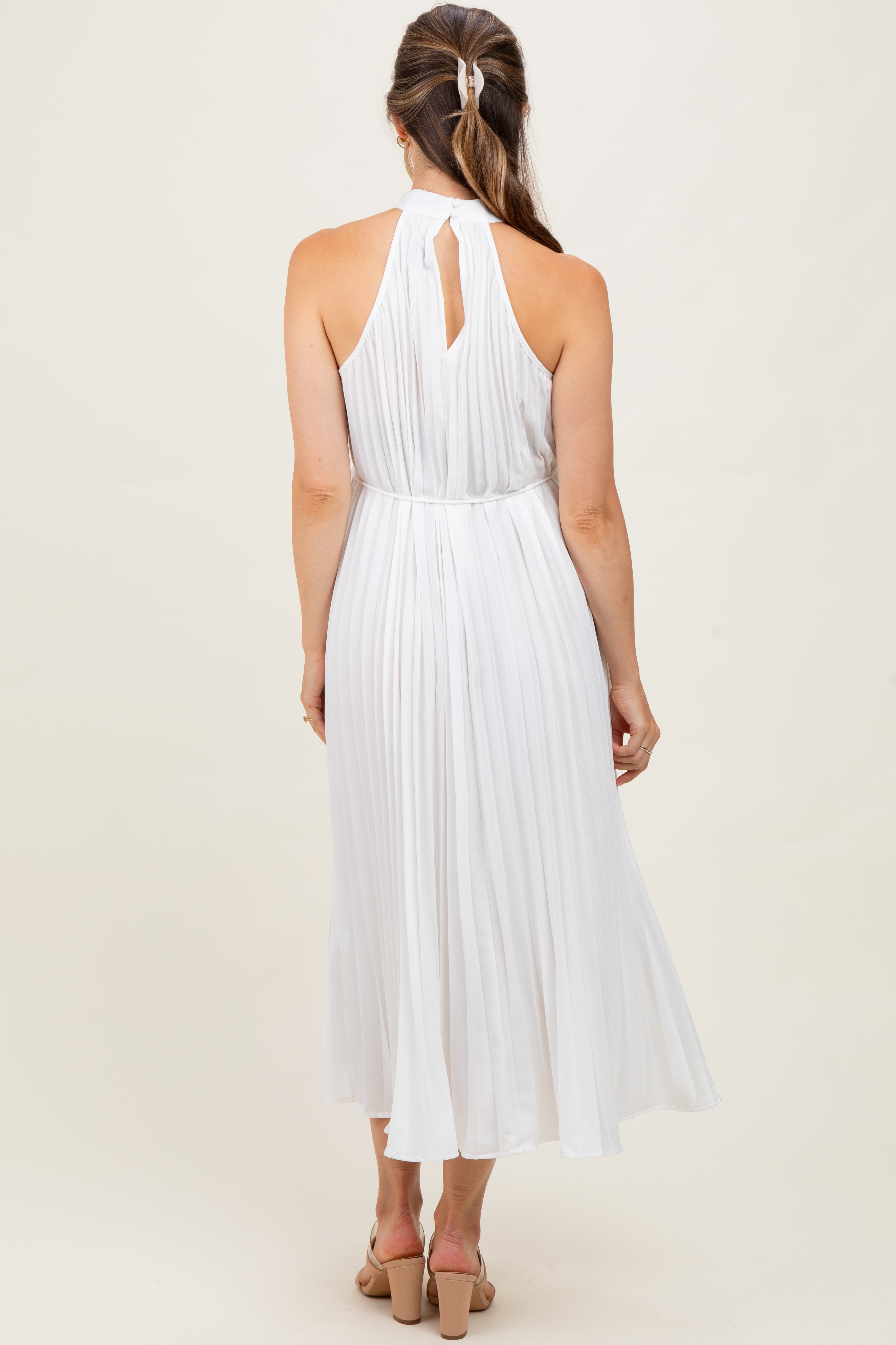 White Pleated Maternity Halter Dress White Pleated Maternity Halter Dress