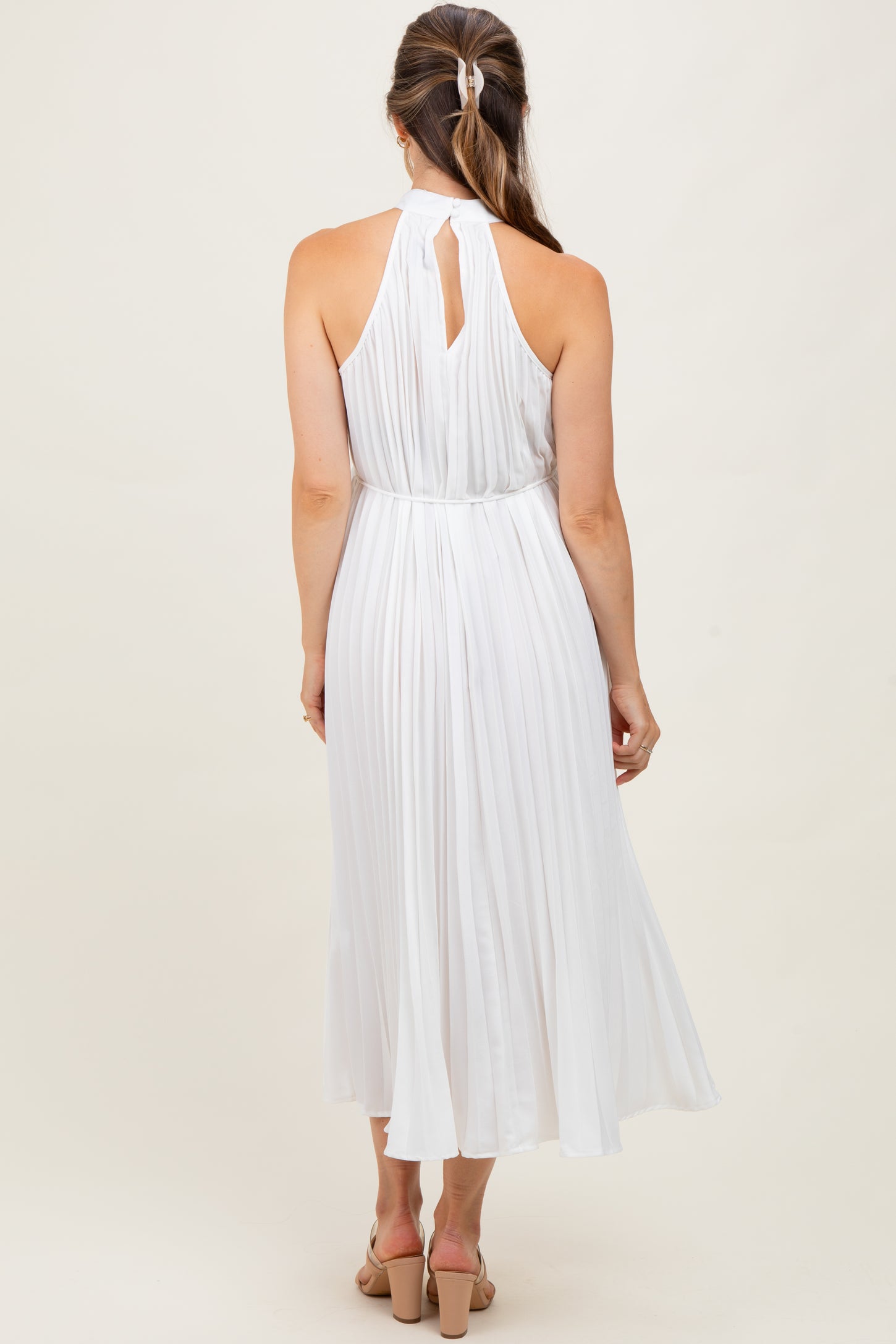open lace back dress White Pleated Maternity Halter Dress – PinkBlush