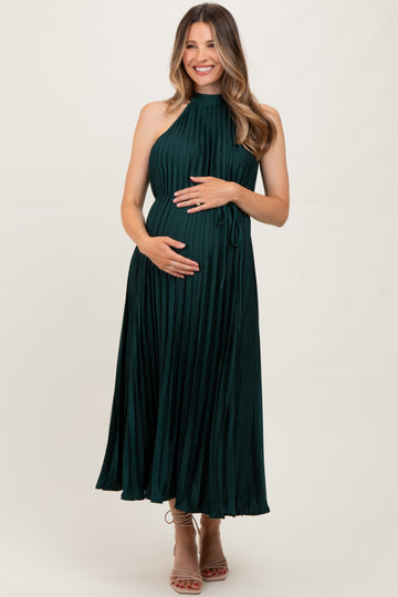 Forest Green Pleated Maternity Halter Dress