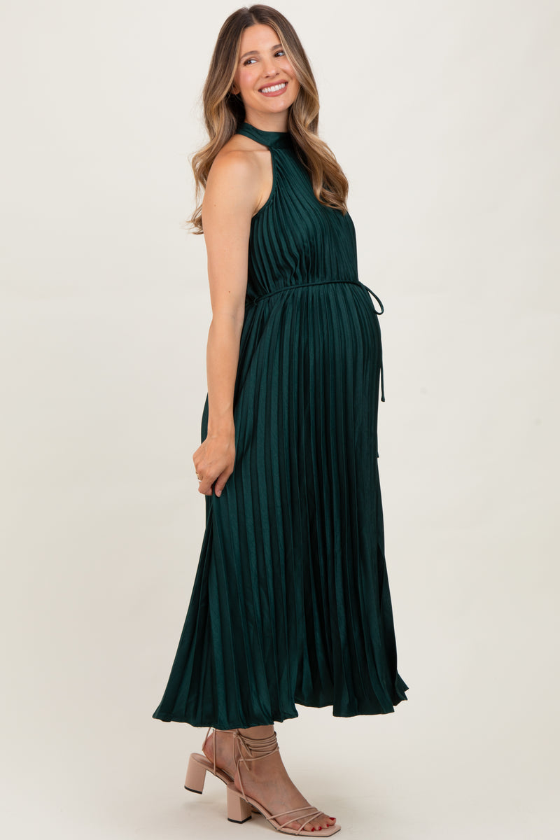 green pleated halter neck dress Green Pleated Halter Neck Asymmetrical Hem Gown main image 0