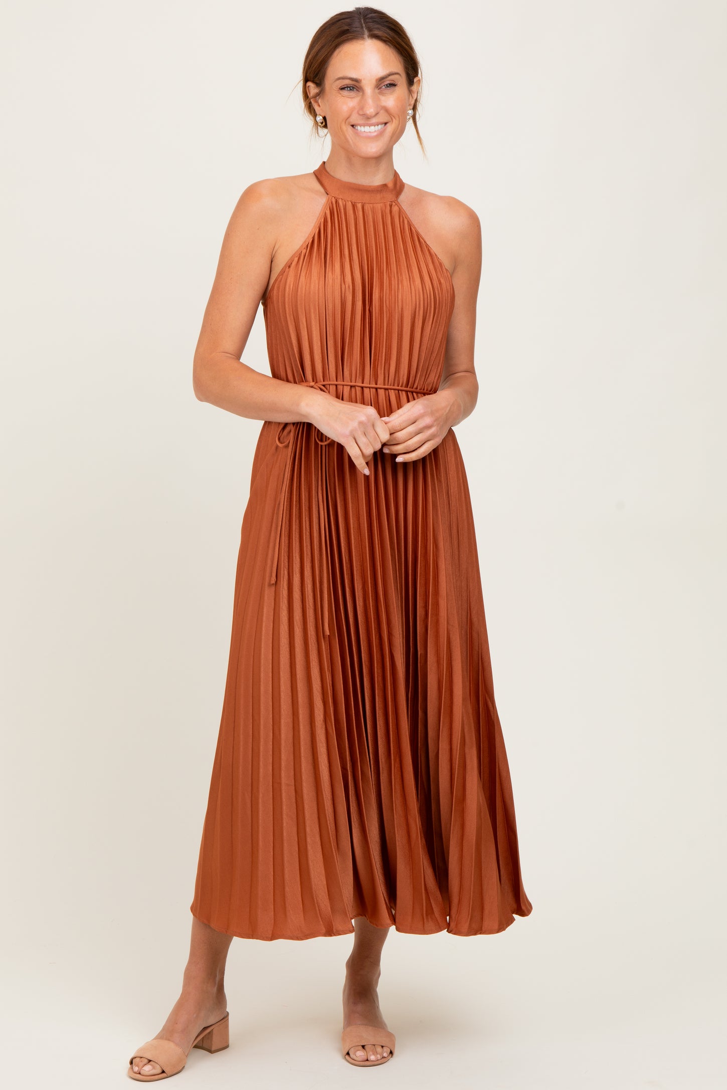 Mocha Pleated Halter Dress