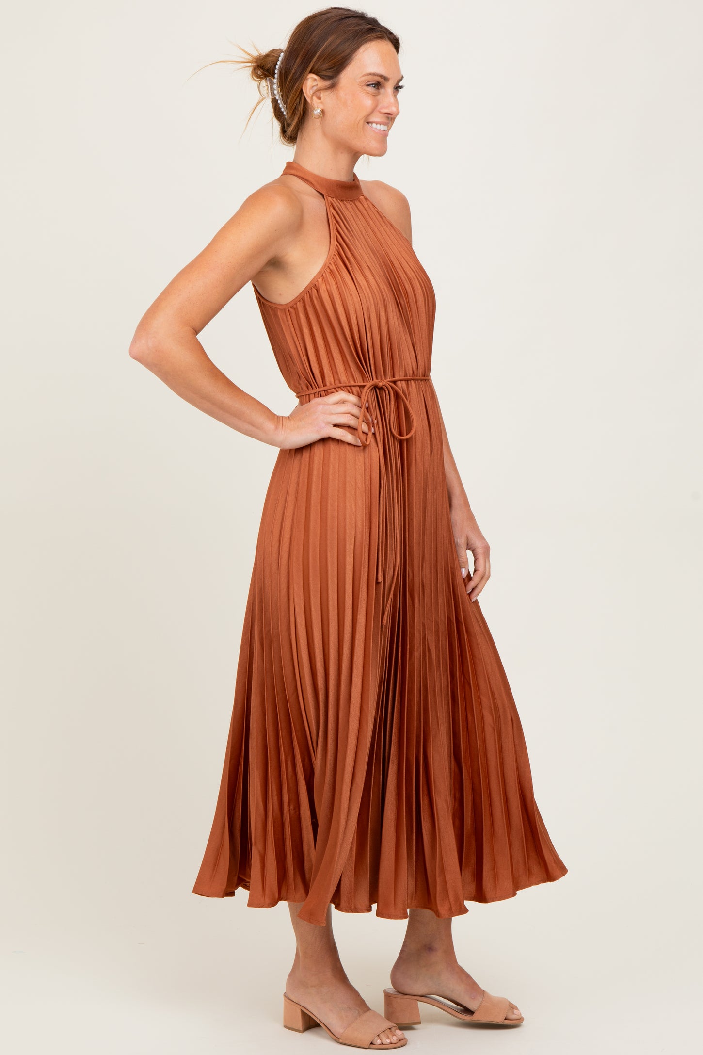 Mocha Pleated Halter Dress