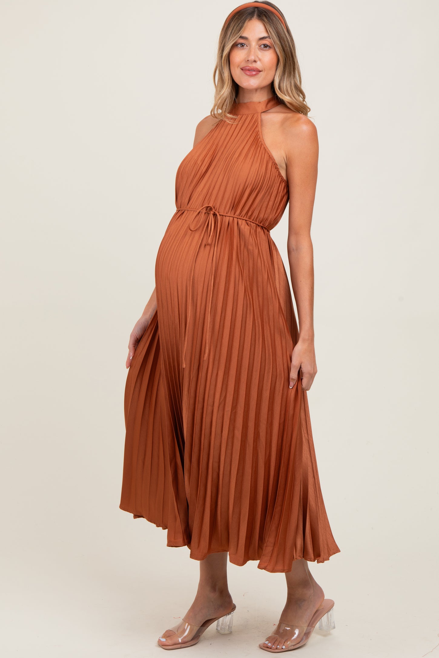 Mocha Pleated Maternity Halter Dress
