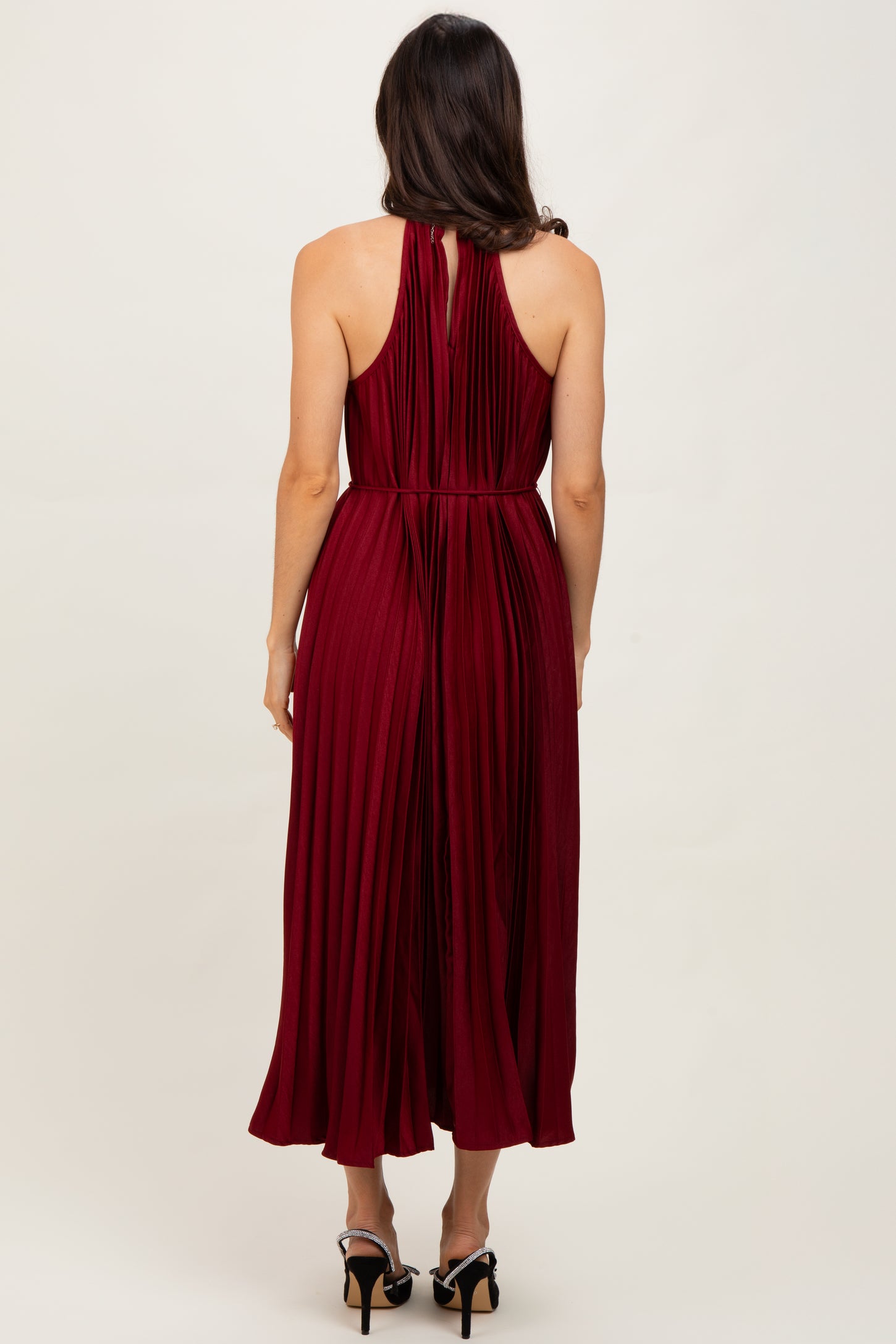 Burgundy Pleated Halter Dress