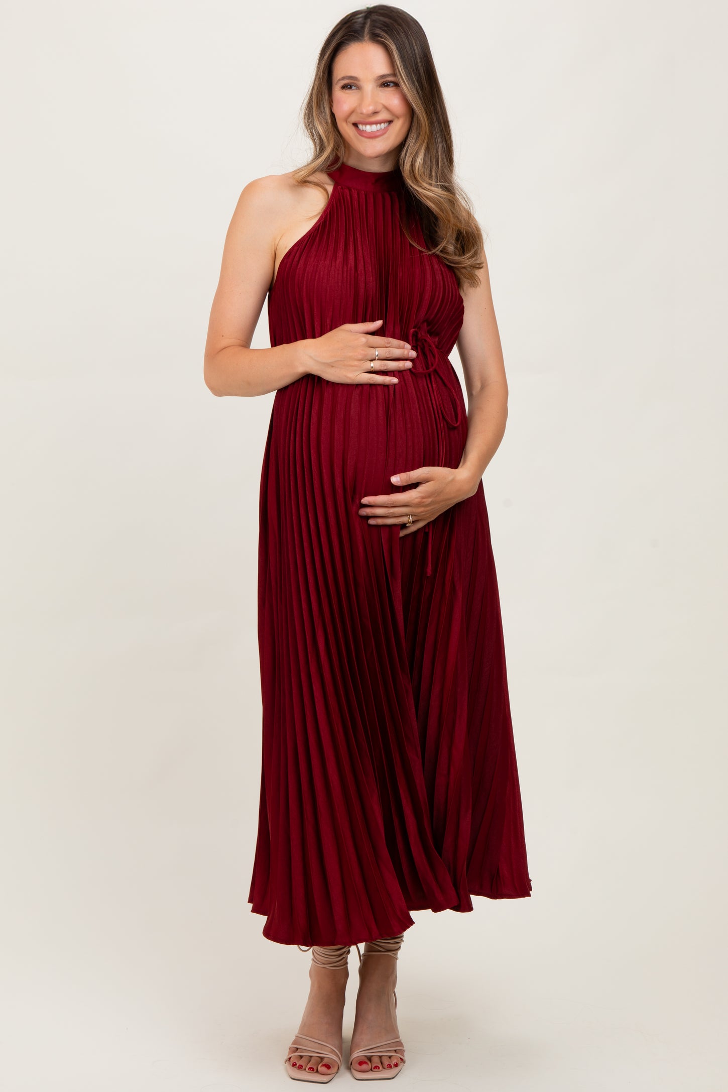 Burgundy Pleated Maternity Halter Dress