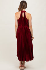 Burgundy Pleated Maternity Halter Dress