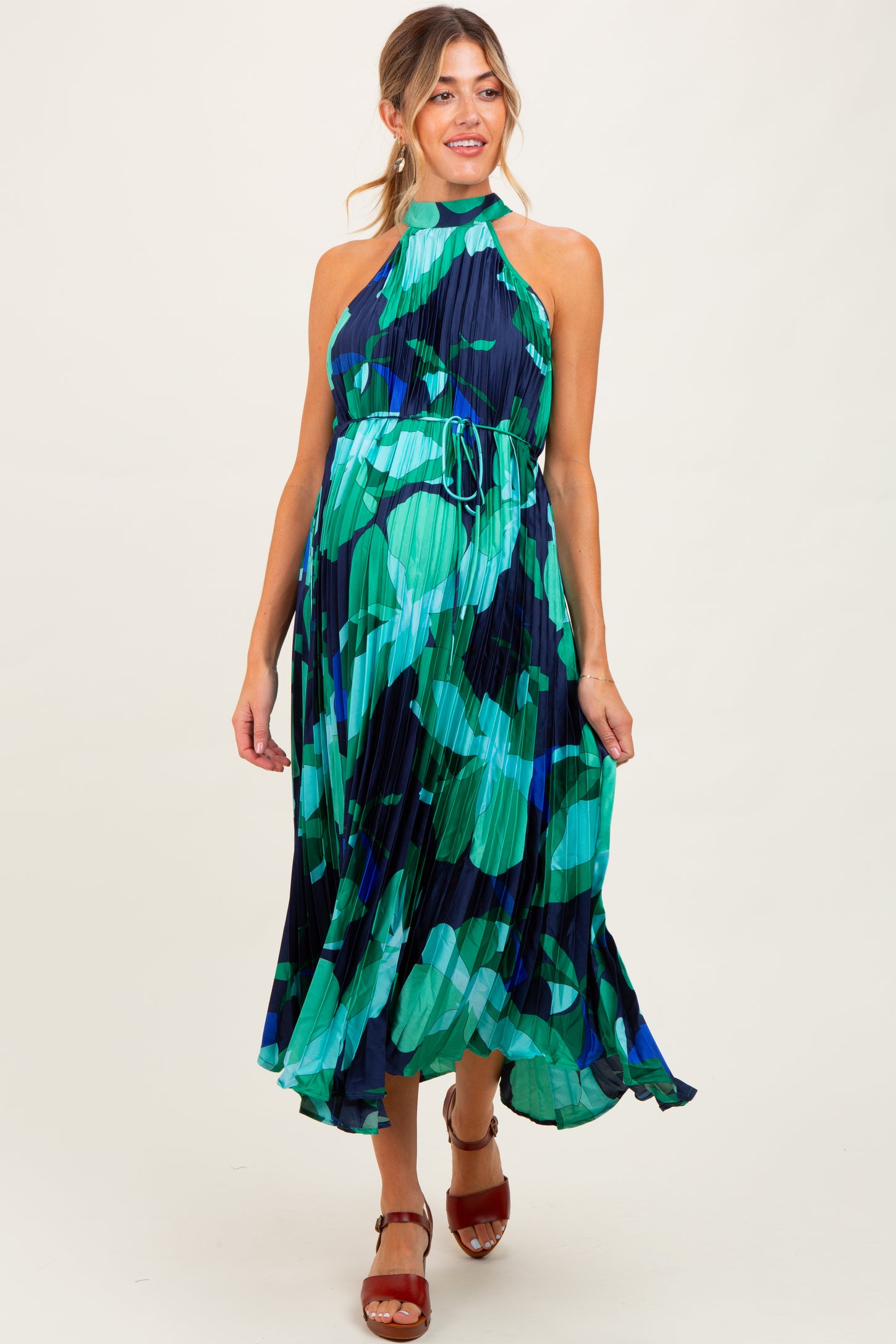 Jade Printed Pleated Halter Maternity Midi Dress