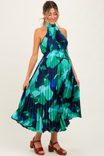 Jade Printed Pleated Halter Maternity Midi Dress