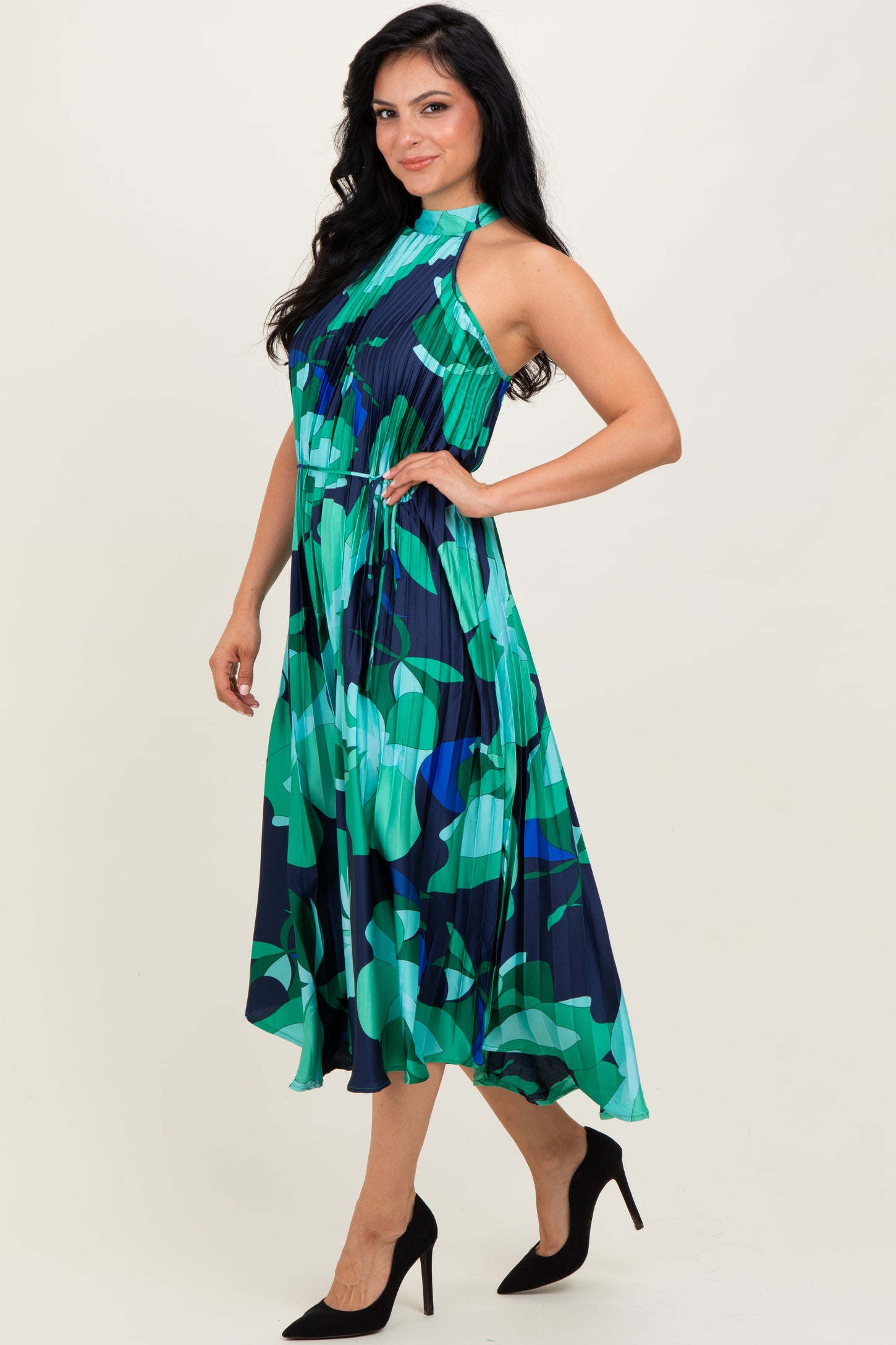 Jade Printed Pleated Halter Midi Dress