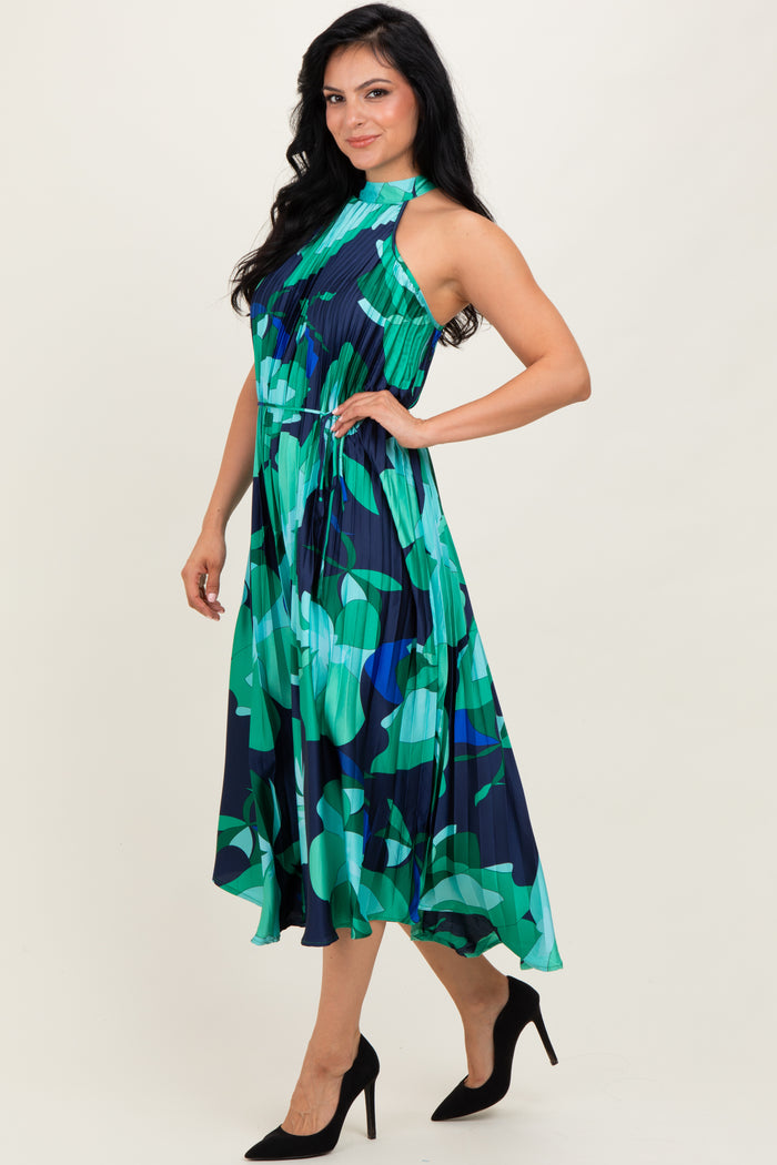 Jade Printed Pleated Halter Midi Dress