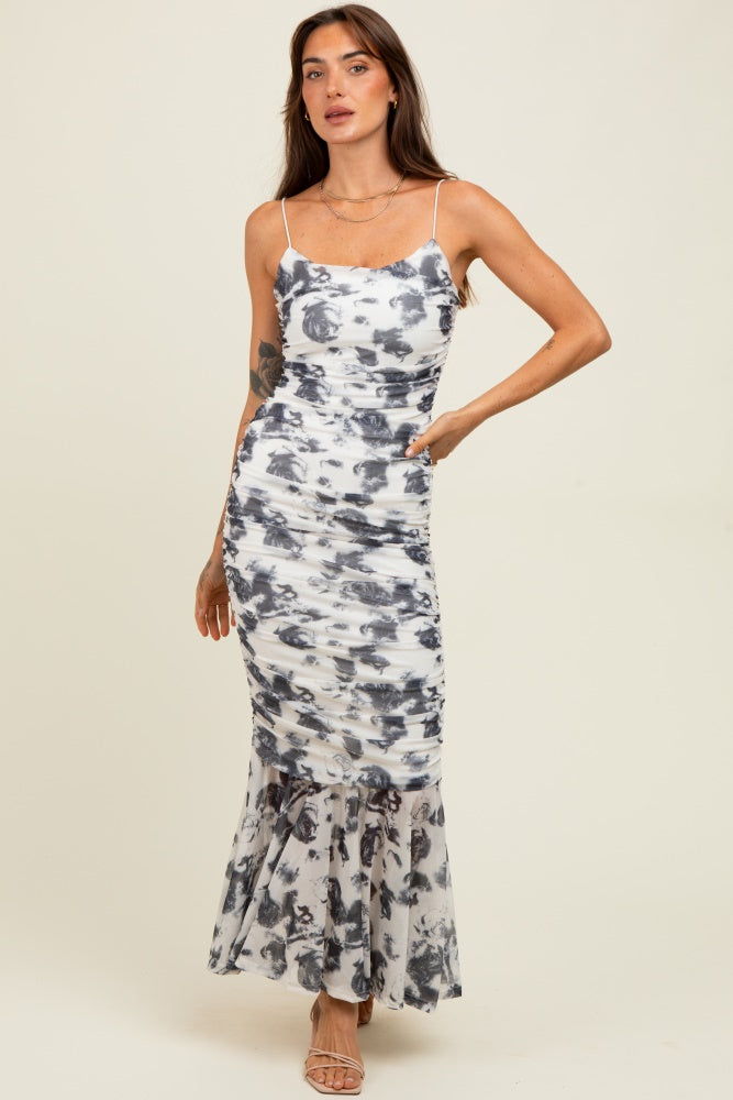 mesh ruched midi dress Grey Rose Floral Mesh Ruched Midi Dress