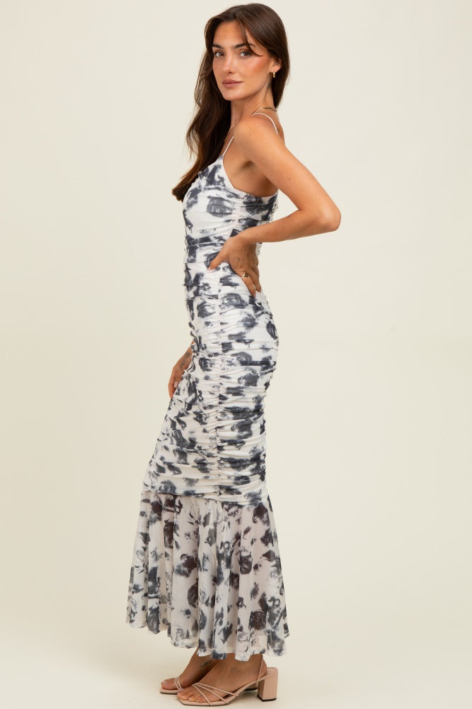 Grey Rose Floral Mesh Ruched Midi Dress Grey Rose Floral Mesh Ruched Midi Dress