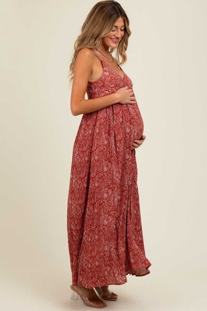 Rust Paisley Print Sleeveless Side Slit Maternity Maxi Dress