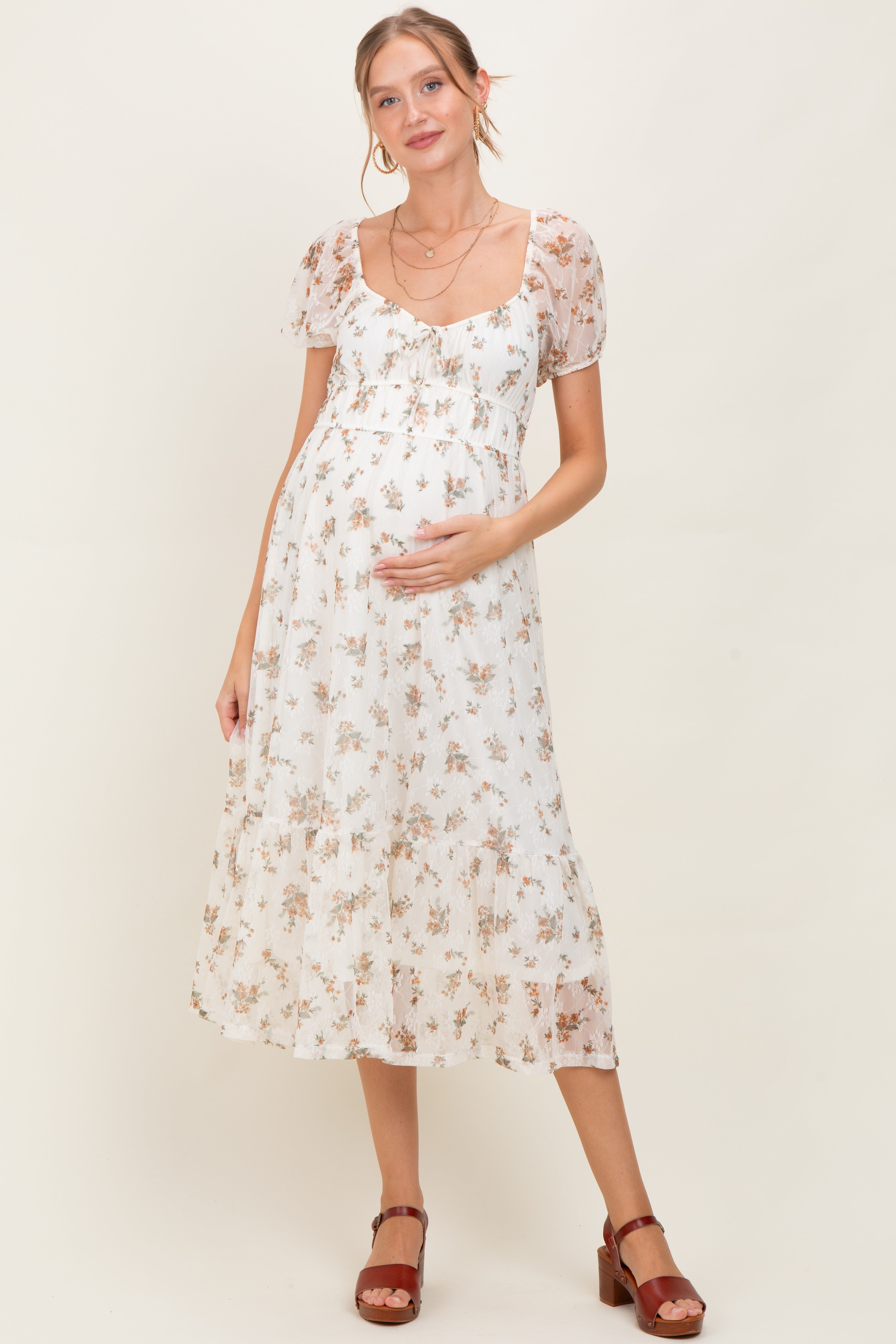 agnel lace puff sleeve cotton blend midi dress Ivory Floral Lace Overlay Puff Sleeve Maternity Midi Dress – PinkBlush