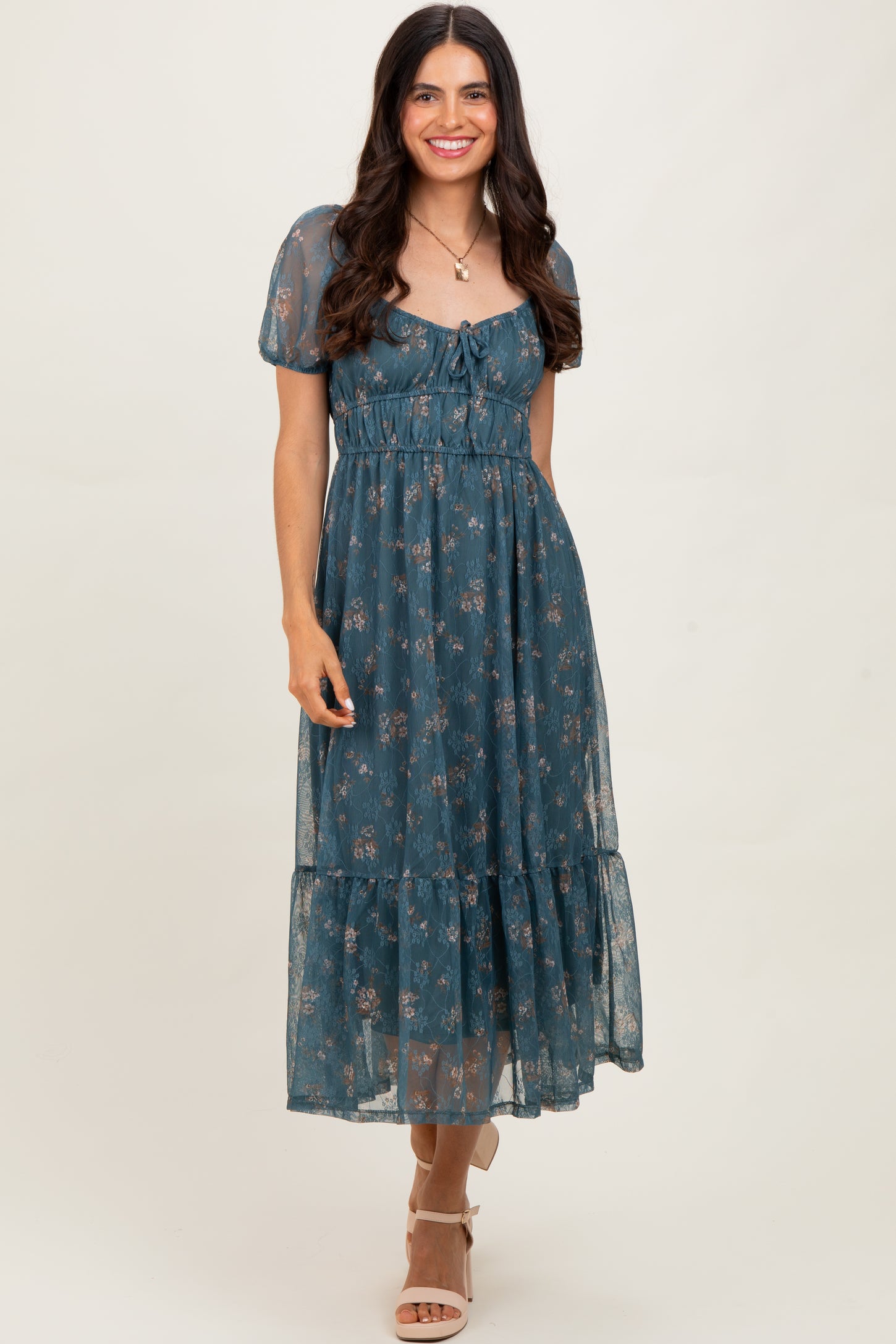 Deep Teal Floral Lace Overlay Puff Sleeve Midi Dress PinkBlush Deep Teal Floral Lace Overlay Puff Sleeve Midi Dress PinkBlush