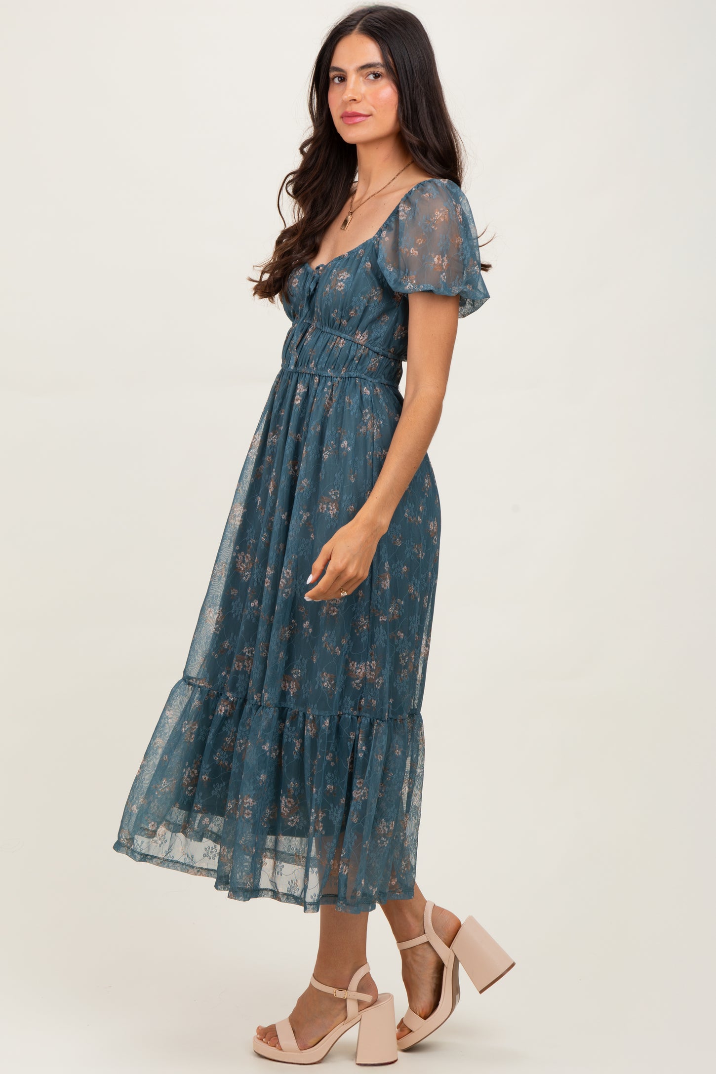 Deep Teal Floral Lace Overlay Puff Sleeve Midi Dress PinkBlush Deep Teal Floral Lace Overlay Puff Sleeve Midi Dress PinkBlush