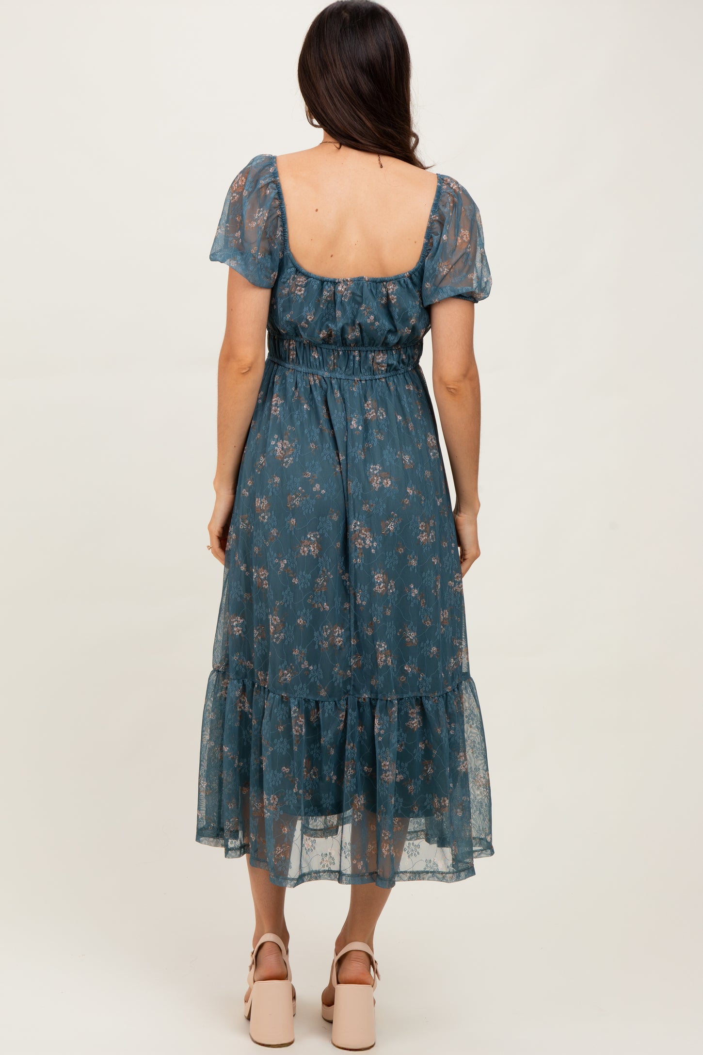 Deep Teal Floral Lace Overlay Puff Sleeve Midi Dress