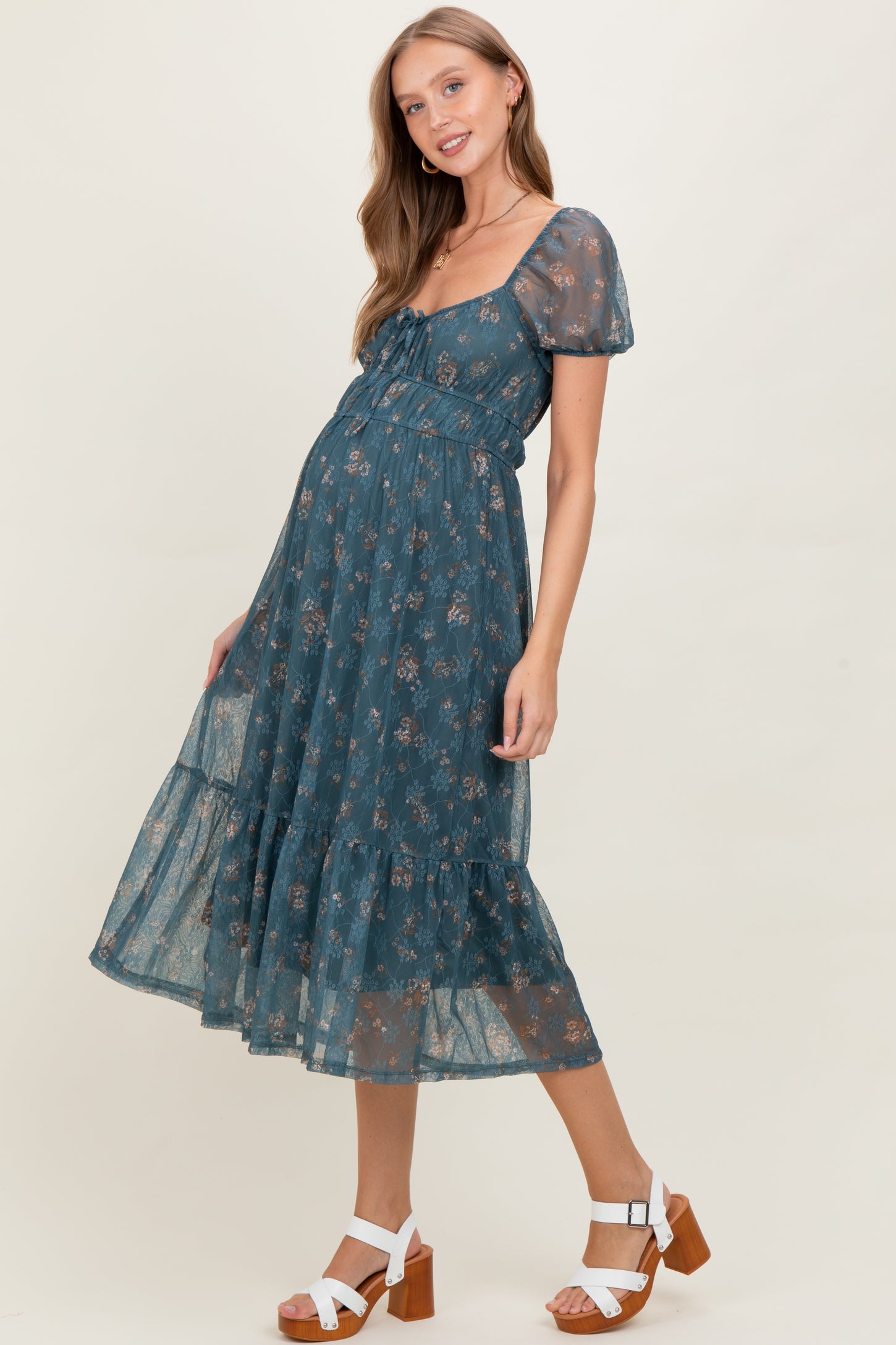 Deep Teal Floral Lace Overlay Puff Sleeve Maternity Midi Dress