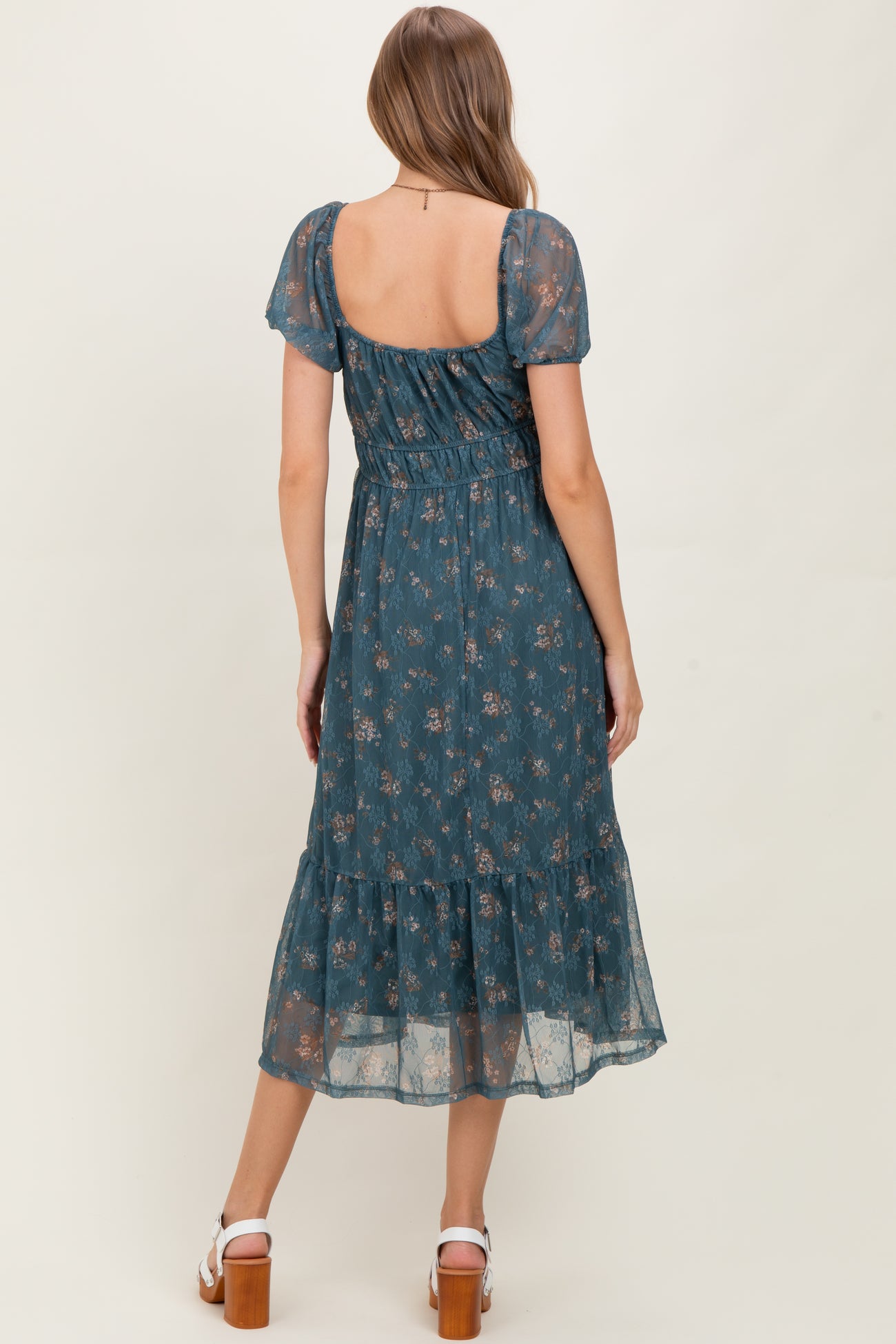 Deep Teal Floral Lace Overlay Puff Sleeve Maternity Midi Dress PinkBlush Deep Teal Floral Lace Overlay Puff Sleeve Maternity Midi Dress PinkBlush
