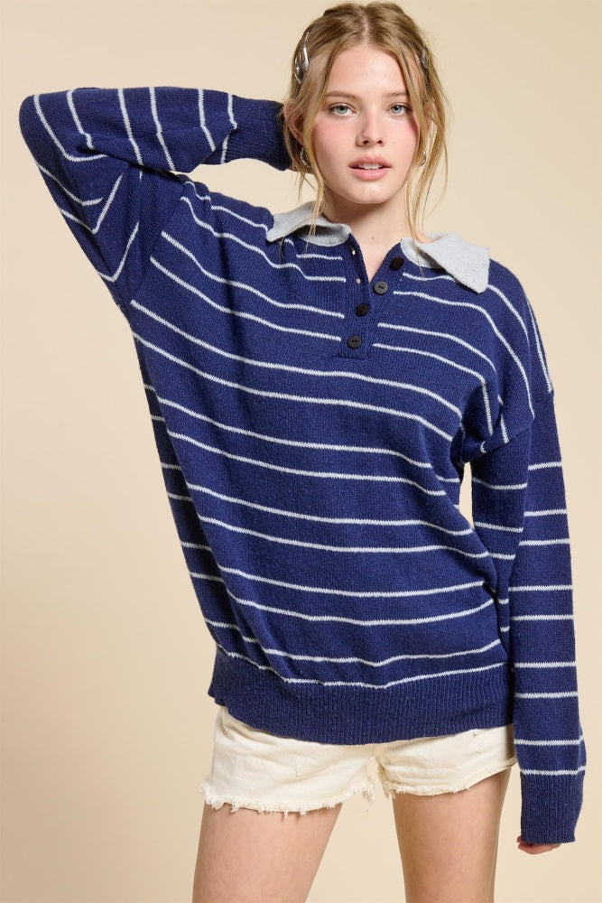 Navy Striped Knit Relaxed Fit Polo Maternity Sweater
