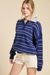 Navy Striped Knit Relaxed Fit Polo Sweater