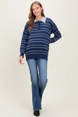 Navy Striped Knit Relaxed Fit Polo Maternity Sweater