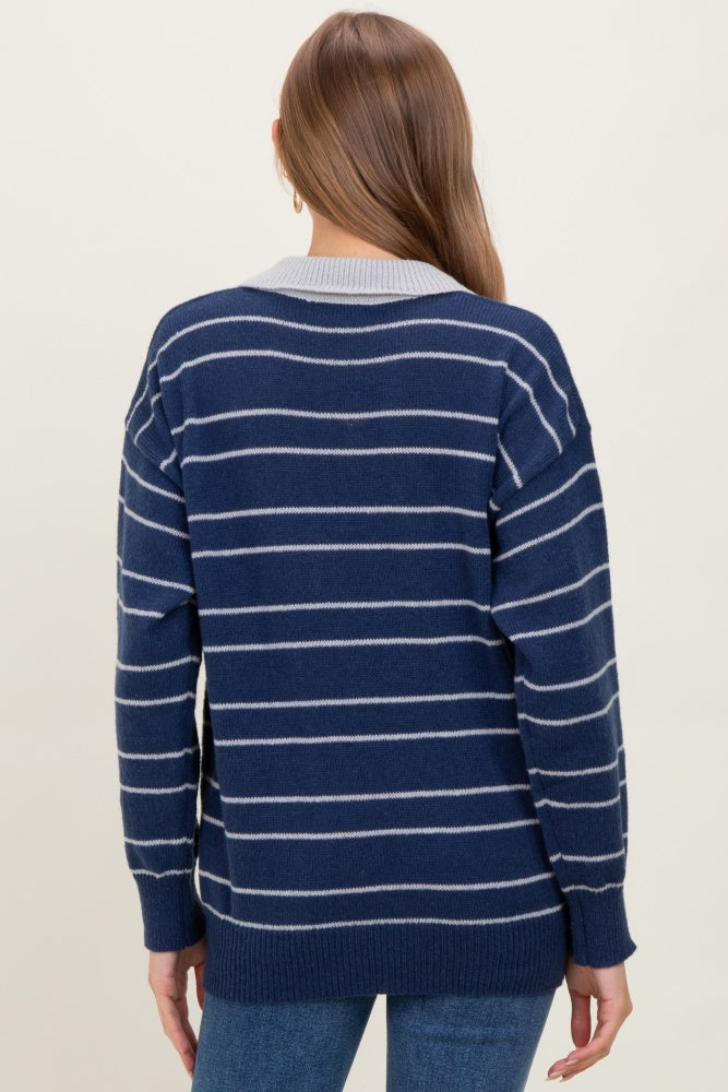 Navy Striped Knit Relaxed Fit Polo Maternity Sweater