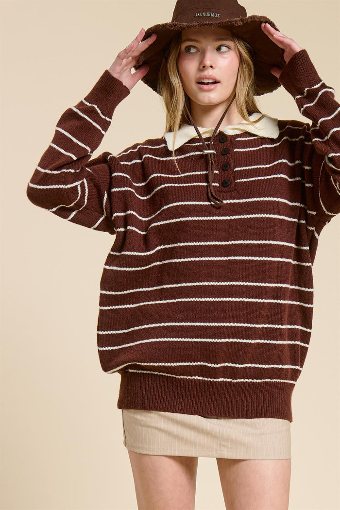 Brown Striped Knit Relaxed Fit Polo Maternity Sweater