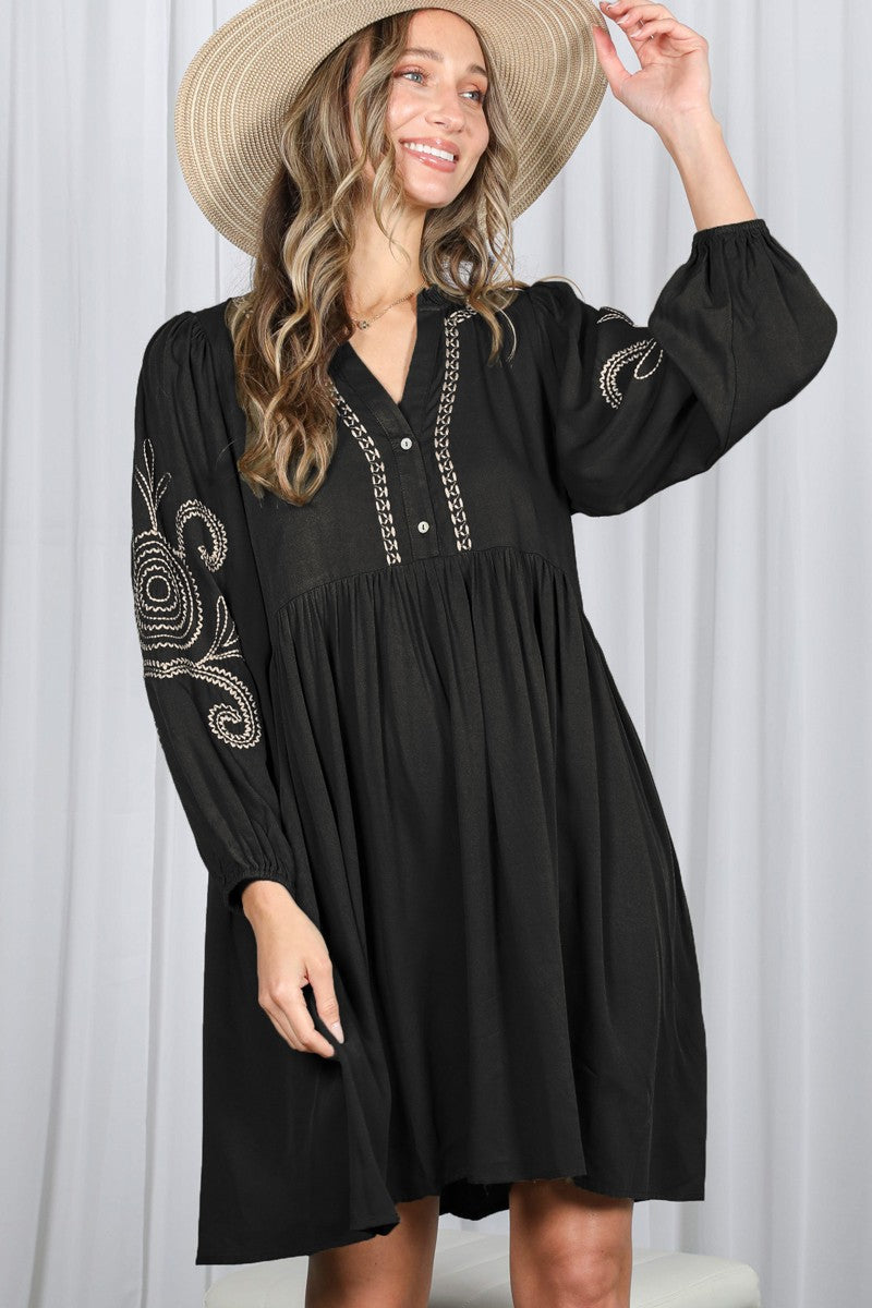 Black Embroidered V-Neck Long Sleeve Dress Black Embroidered V-Neck Long Sleeve Dress