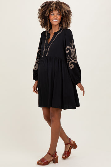 Black Embroidered V-Neck Long Sleeve Maternity Dress
