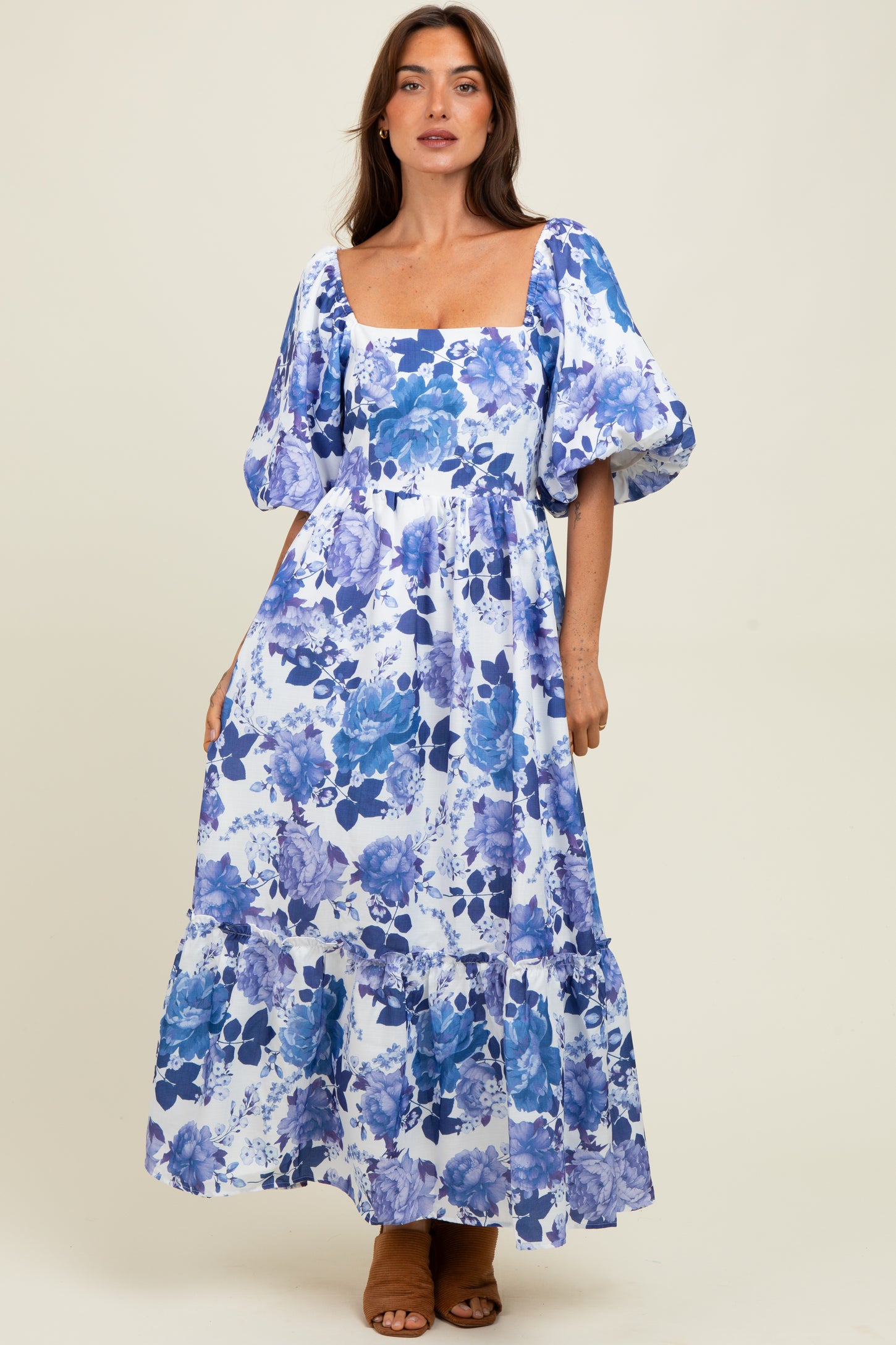 Blue Floral Square Neck Puffed Sleeve Maxi Dress