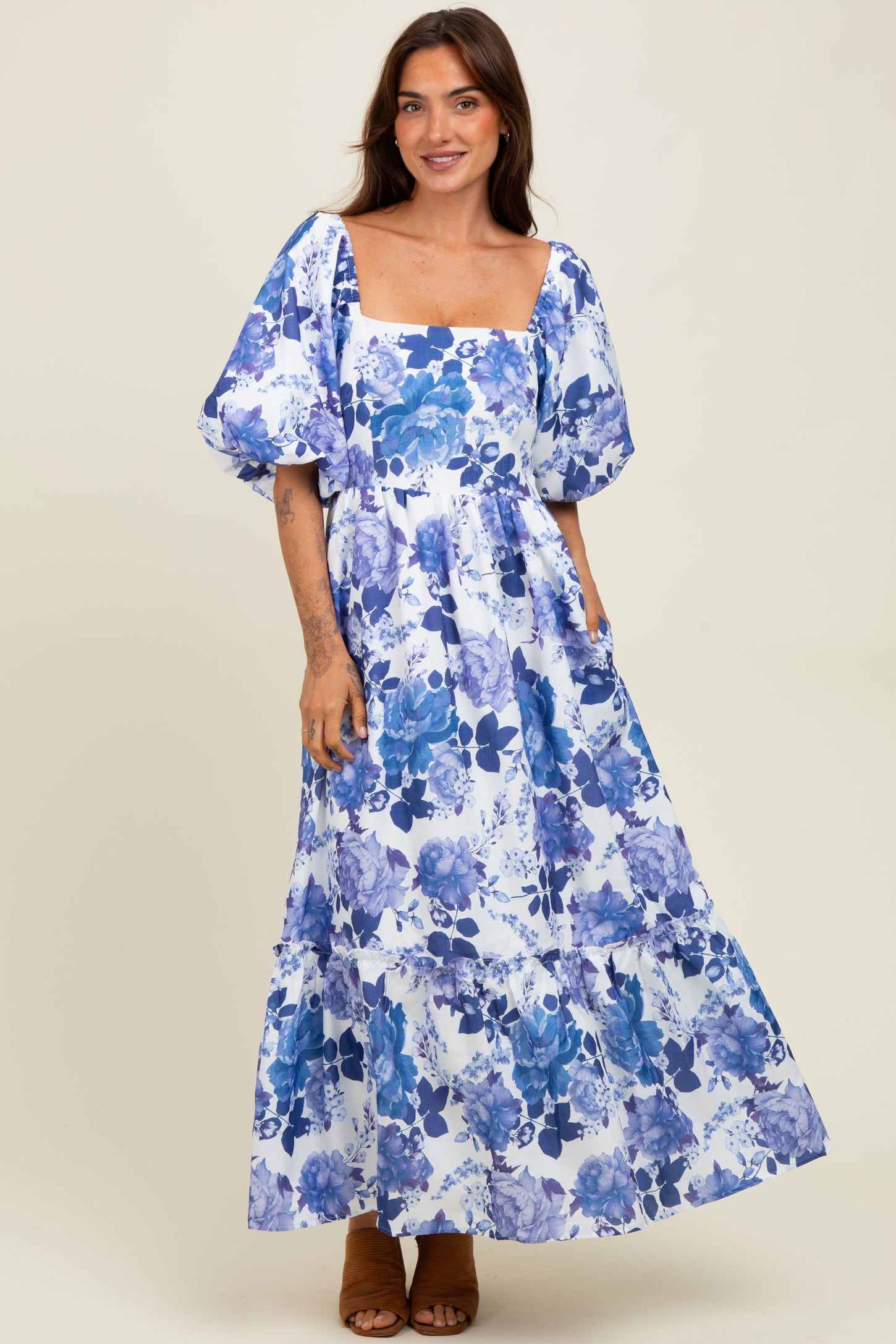 blue floral square neck dress Blue Floral Square Neck Midi Dress for Beach Vacation
