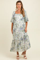 Lavender Floral Square Neck Puffed Sleeve Maternity Maxi Dress